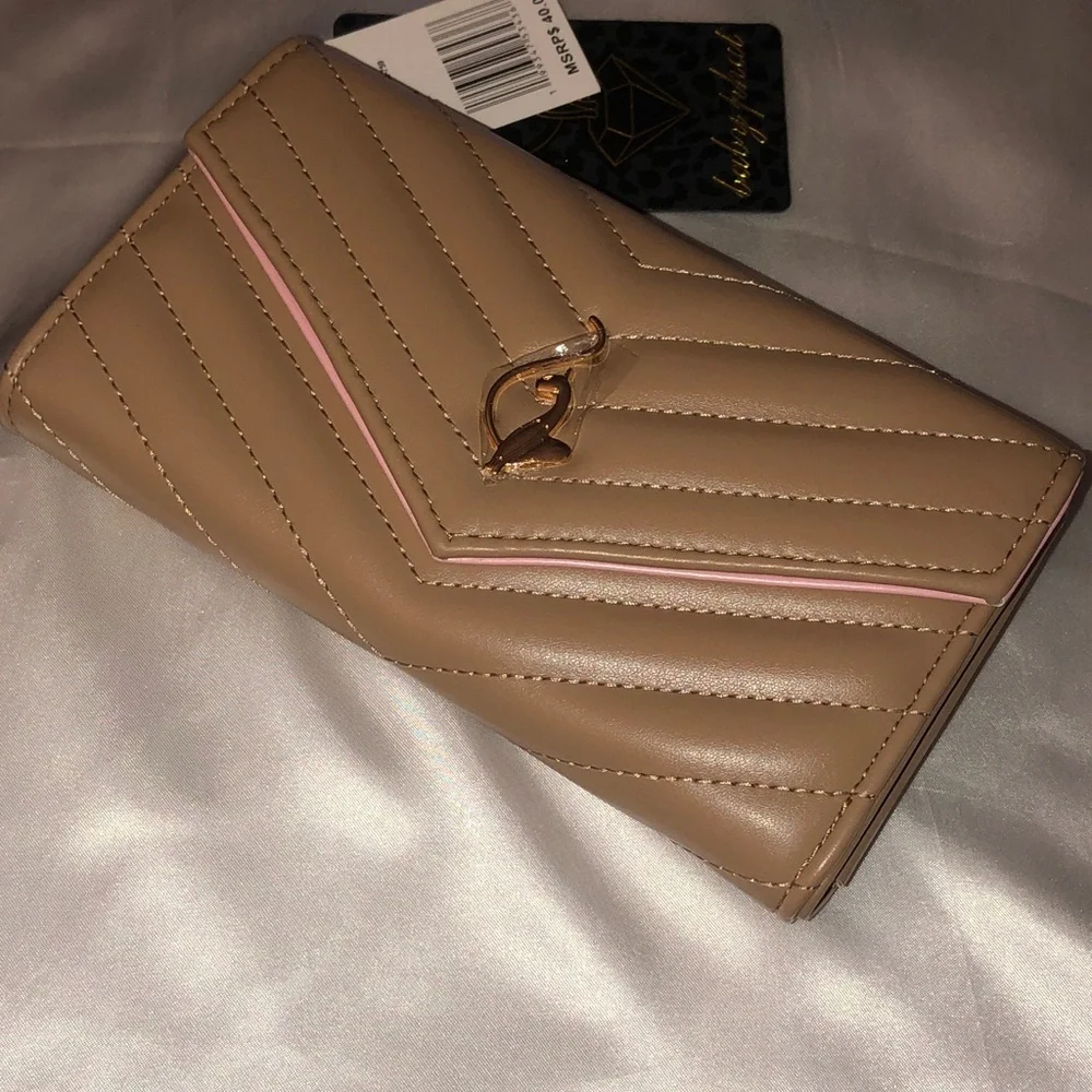Baby Phat Tan Faux Leather Quilted Chevron Flap Clutch Wallet Cat Logo NWT